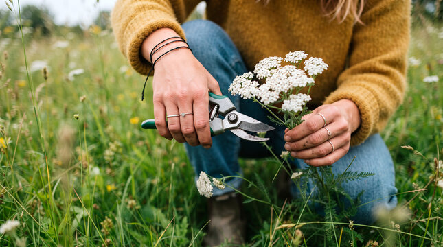 Person using garden shears to trim white yarrow flowers in a lush green summer meadow field