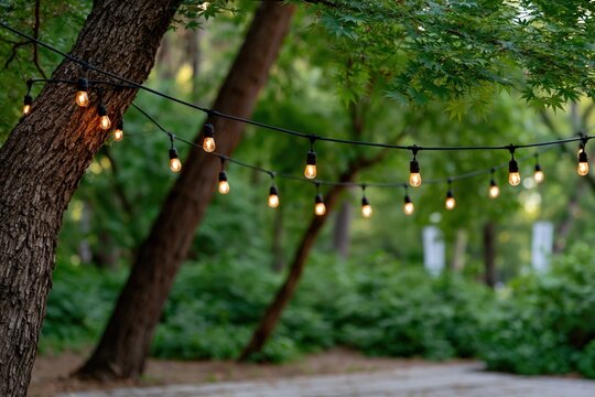 Rustic outdoor string bulb lights draped between trees for garden party background and evening event decoration with warm glow for patio celebration design