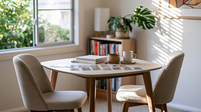Wide view of an airy consultation office with tarot cards neatly laid across a pale desk two linen upholstered chairs and a small bookshelf creating a calm reflective setting in natural