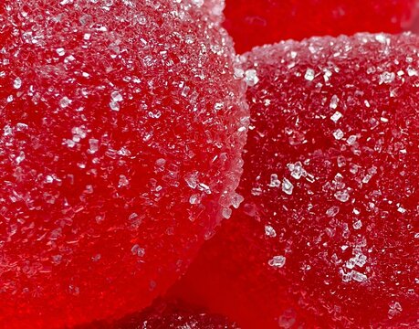 Extreme close-up shot of red jelly candy texture sprinkled with white sugar crystals.