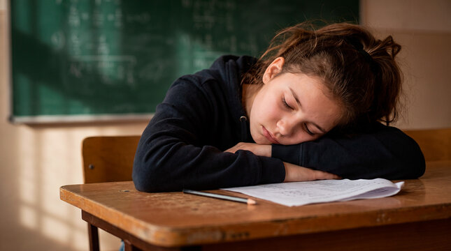 Exhausted student sleeping at her desk in a classroom with a chalkboard in the background