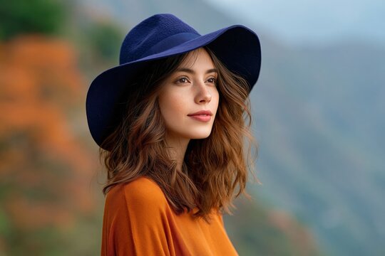 Side profile of a young woman wearing a navy hat and orange sweater for lifestyle background and banner design