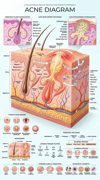 Detailed medical illustration showing human skin anatomy and acne formation stages with labeled diagrams for educational purposes