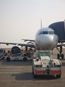 TLD pushback tug and SAS Ground Services belt loader on a hazy apron