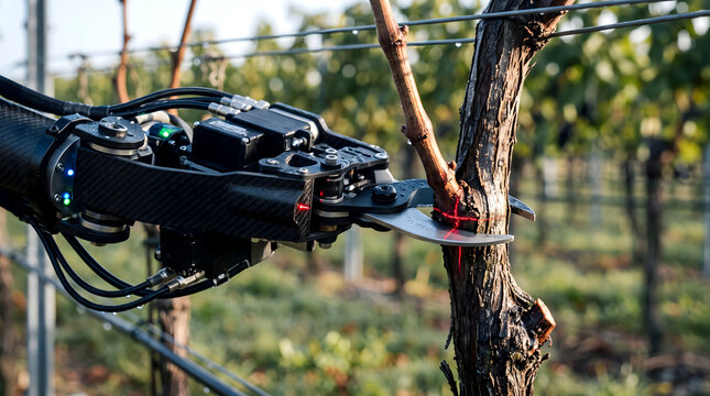 Robotic arm with laser precision prunes grapevines in a vineyard for optimal fruit production.