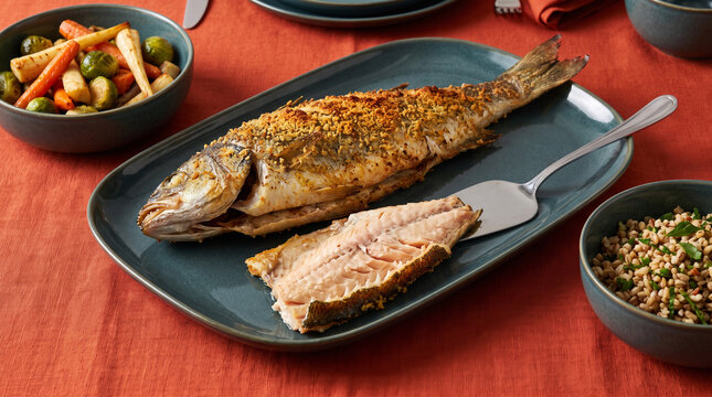 Delicious roasted fish served with vegetables and grain salad on table  