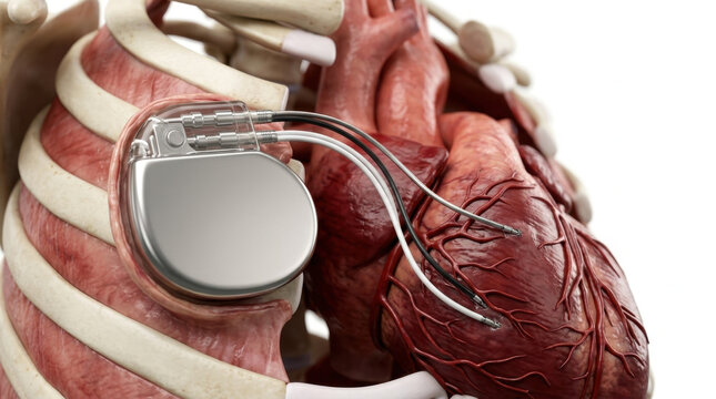 Pacemaker beside human heart in thoracic cavity showing implanted cardiac device and electrical lead placement with detailed anatomy
