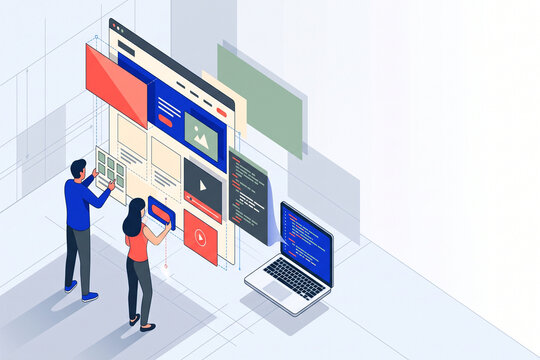 Isometric view of web developers designing and coding a modern website interface with tools