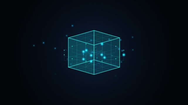 Digital cube wireframe with glowing data nodes technology background