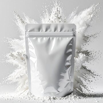 Shiny white zip lock pouch stands against exploding cloud of white powder. Minimalist silver foil bag mockup with granular texture on bright background. Cosmetic supplement food ingredient product