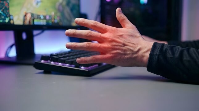 Gamer Holding Painful Hand After Repetitive Computer Gaming Activity