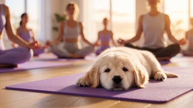 Cute golden retriever puppy lies on purple yoga mat in bright studio. Group of people practice meditation, yoga in background. Calm pets join wellness class for relaxation, mindfulness lifestyle.