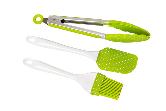 Green silicone kitchen utensils for cooking and baking