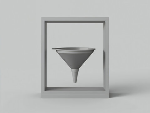 A grey plastic funnel suspended inside a square frame, presented as a conceptual 3d on a uniform light grey background, for clear viewing