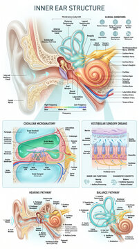 Detailed scientific illustration showing human inner ear structure with cochlea vestibular system pathways and anatomical labels explaining medical conditions