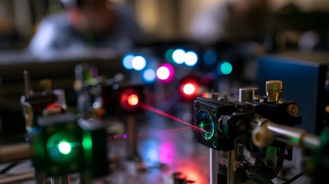 A close up view of laser optics with colorful beams and precision equipment in a laboratory setting