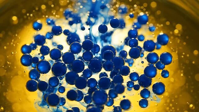 Blue Ink Droplet Transforming Into a Vibrant Sphere Within Golden Liquid, Creating a Dynamic and Mesmerizing Motion Graphics Loop.