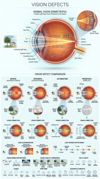 Educational medical infographic detailing human eye anatomy normal vision and various optical defects with corrective lenses comparison charts