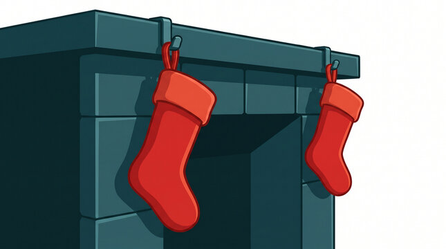 Festive chimney with red Christmas stockings hanging in winter  