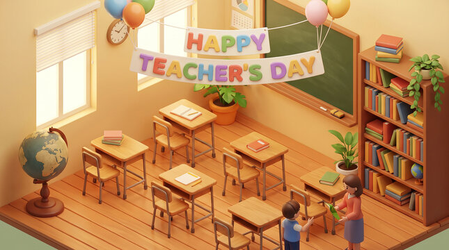 Colorful 3D illustration of school classroom interior with happy teacher day celebration banner and student desks