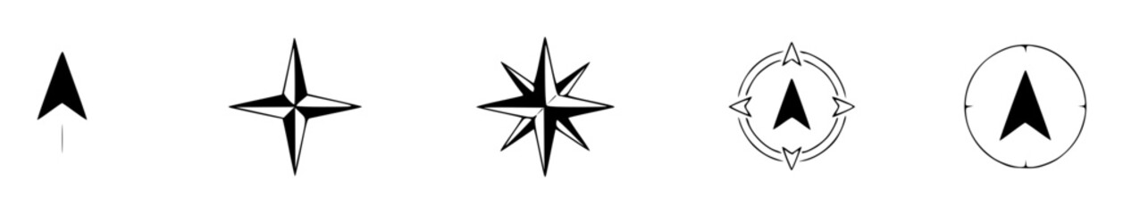 Fototapeta premium Set of five different north arrow symbols and compass rose zUQaB0ubhqCDNRA set with simple line art design featuring simple design, minimalist, black and white with illustrations and graphics