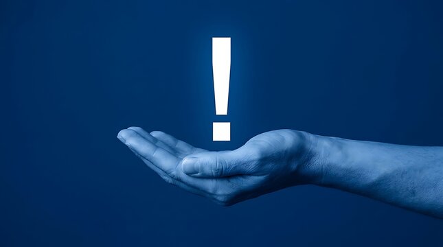 Human hand holding a glowing white exclamation mark symbol against a solid dark blue background, conceptual sign of attention or alert