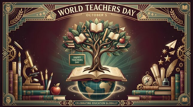 World teachers day celebration banner with a knowledge tree growing from an open book and educational school supplies in a vintage art deco style illustration
