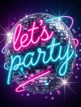 Vibrant neon text lets party over shiny disco ball. Glowing pink, blue lights sparkle on mirror ball. Nightclub background with festive disco theme. Colorful celebration graphics for music event,