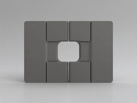 Four dark gray rectangular blocks arranged in a symmetrical pattern with a central square cutout, isolated on a neutral light gray background