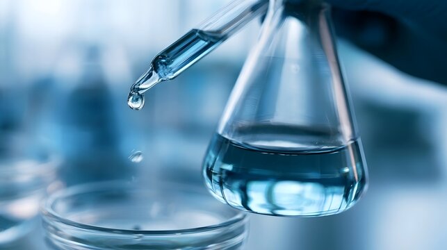 A dropper releases a drop of clear liquid into a conical flask  with a petri dish below  in a cool toned laboratory setting