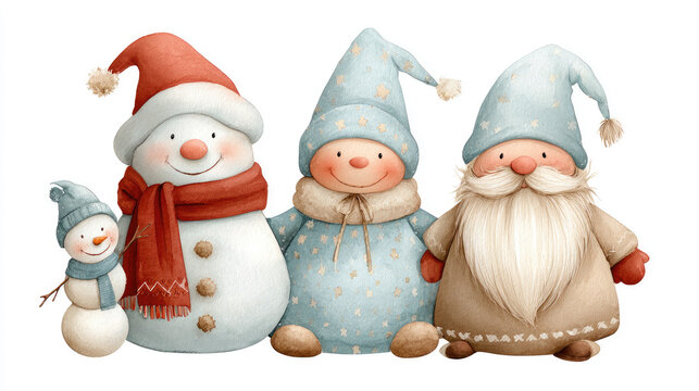 Cute watercolor illustrations depicting a cheerful snowman and two bearded gnomes wearing festive hats and winter clothing, ready for christmas and seasonal celebrations