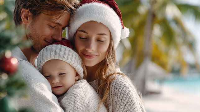 Family embracing with a young child on a warm tropical beach, wearing holiday hats and sweaters, symbolizing unique christmas celebrations and leisure