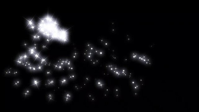 Smooth twinkling star glitter line animation, with glowing white particles and magical sparkle dust featuring fairy, doodle stars and shimmering starlight trail overlay in vibrant. 4k black screen