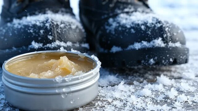 Hiking Boots and Balm in Snow, Transitioning From Covered to Clean, Showcasing Winter Protection and Care. with Tin