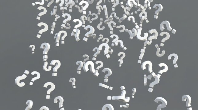 Abstract 3D Background with Many Floating White Question Marks Falling Against a Solid Gray Backdrop
