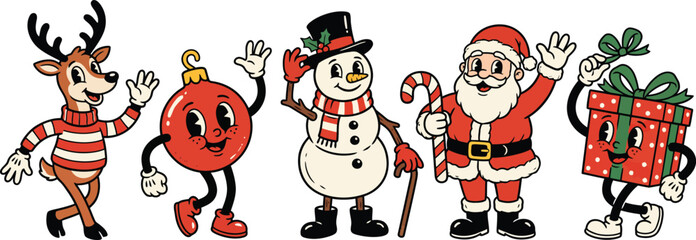 Obraz premium Christmas Cartoon Characters Celebrating Holiday Season With Santa And Snowman