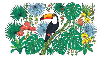 Obraz premium Colorful toucan perched on a branch in a lush tropical forest