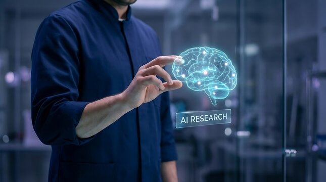 Person in a dark blue shirt interacting with a glowing digital brain hologram labeled ai research in a blurred laboratory environment
