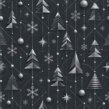 Minimalist Silver Christmas Pattern with Geometric Trees and Snowflakes