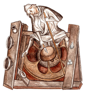 Ancient medieval French potter working at potters wheel (14th century AD). Artisan craftsman shaping ceramic vessel in wooden frame bench, illuminated manuscript miniature art. Artwork.