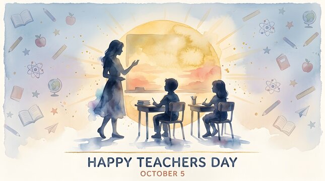 Teacher and students in a classroom for happy teachers day celebration