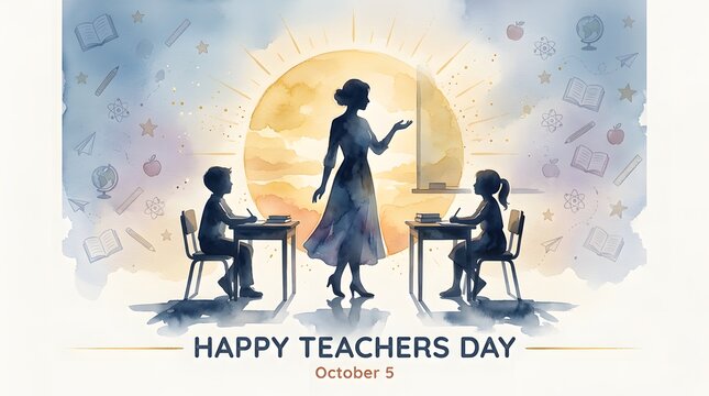 Happy teachers day greeting card illustration with a silhouette of a female teacher standing in front of two students sitting at their school desks