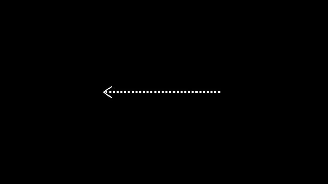 left arrow direction icon with dotted line animation on black background. dot arrows icon sign animated with alpha channel. Black straight arrows animation.