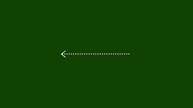 left arrow direction icon with dotted line animation on green background. dot arrows icon sign animated with alpha channel. white straight arrows animation.