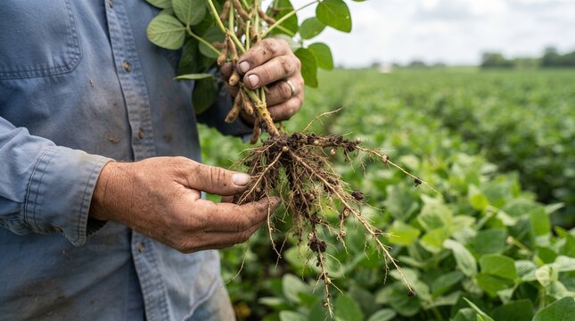 Farmer examining soybean plant roots with nodules in a vast green field