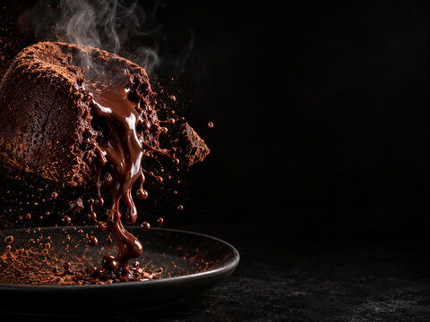 Dynamic action shot of hot chocolate molten lava cake with exploding liquid chocolate splash and steam on dark background
