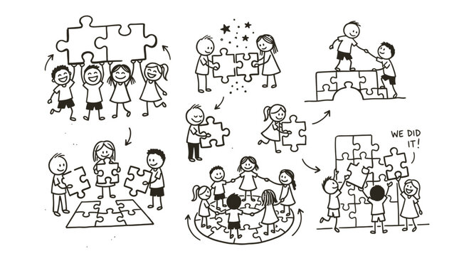 Hand drawn doodle set of happy children working together to solve puzzle pieces for teamwork and cooperation concepts