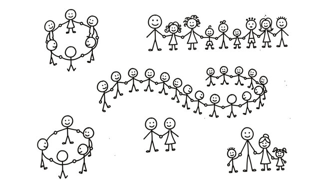 Group of stick figure people holding hands in circles and lines as a community and team concept illustration