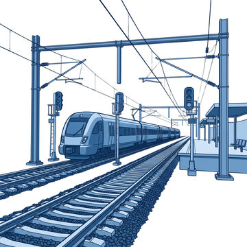 Modern Commuter Train on Railway Tracks at Station Platform in Blue Line Art Style