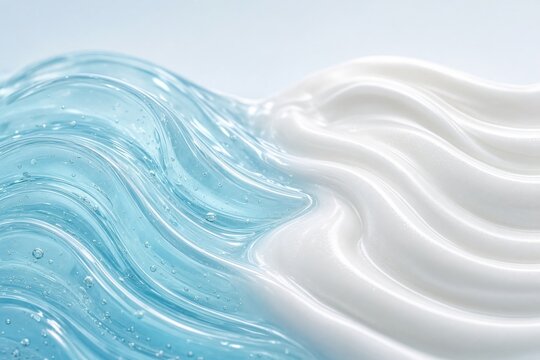 Close-up of white cosmetic cream and translucent blue hydrating gel swirled together on a soft light blue background, skincare texture concept.